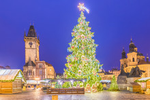 Christmas Tree And Fairy Tale Church Of Our Lady Tyn In Prague, Czech Republic.