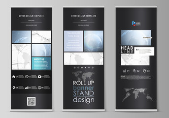 Wall Mural - The black colored vector illustration of the editable layout of roll up banner stands, vertical flyers, flags design business templates. World globe on blue. Global network connections, lines and dots