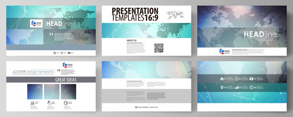 Wall Mural - The minimalistic abstract vector illustration of the editable layout of high definition presentation slides design business templates. Molecule structure, connecting lines and dots. Technology concept