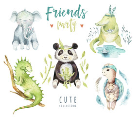 Wall Mural - Baby animals nursery isolated illustration for children. Watercolor boho tropical drawing, child punda, crocodile, tropic elephant, iguana and turtle.