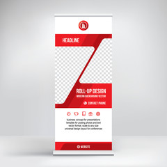 Wall Mural - banner roll-up vector, red graphic template for the exhibition stand, for the conference, accommodat
