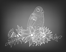 Doodle Bird And Bouquet Of Flowers And Leaves On Chalkboard Background. Template Design For Invitations, Cards And More.