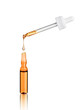 Medical ampoule with cosmetic pipette on white background