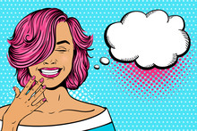 Wow Pop Art Female Face. Sexy Young Woman With Pink Curly Hairstyle And Closed Eyes Laughing. Vector Bright Illustration In Pop Art Retro Comic Style. Party Invitation Poster.