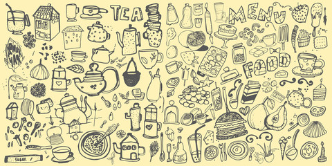 Wall Mural - Hand drawn food elements. Set for menu decoration.	