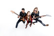 © LIGHTFIELD STUDIOS - singer with microphone and musicians with electric guitars isolated on white, rock and roll band concept