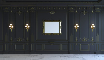 Wall Mural - Black wall panels in classical style with gilding. 3d rendering