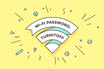 Vintage ribbon Wi-Fi sign for free wi-fi in cafe or restaurant, menu and design. Icon Wi-Fi in line style on colorful memphis style background. Design element for internet theme. Vector Illustration
