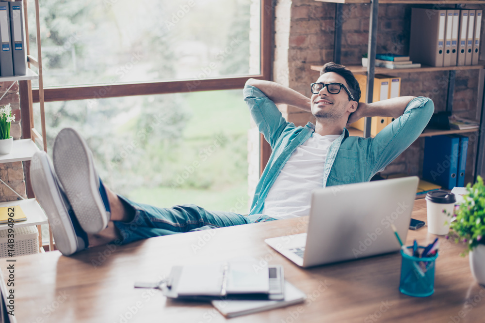 Well Rested Person At Work Happy calm smiling man having a rest after solving all the tasks at ...