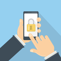 Poster - phone lock concept. male hands hold smartphone with lock screen.