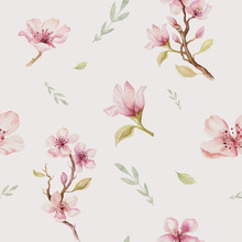 Watercolor Seamless Wallpaper With Blossom Cherry Flowers, Branc
