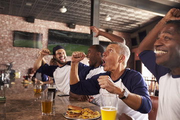 Wall Mural - Male Friends In Sports Bar Watch Game And Celebrate