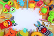 © dyageleva - Children's toys and accessorieson a wooden background