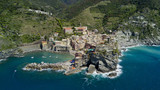 Fototapeta Łazienka - Aerial photo with drone on Vernazza, one of the famous Cinqueterre country, small village with colored houses on the cliff over the sea