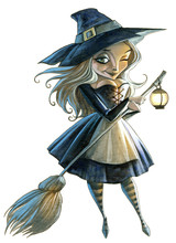 Halloween Cartoon Hand Drawn Illustration With A Beautiful Witch Isolated On White