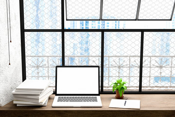 Poster - Front view of workpark with blank laptop screen, blank frame, and notebook in modren home office work.for Mock up, 3D illustration rendering