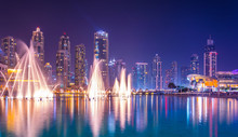 The Burj Khalifa Lake With Dancing Fountain Of Dubai, UAE