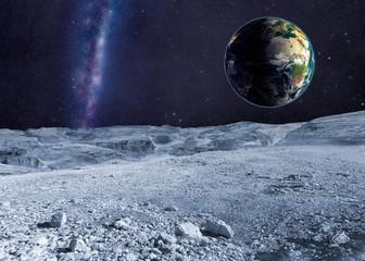 Wall Mural - planet earth and distant galaxy from the moon surface