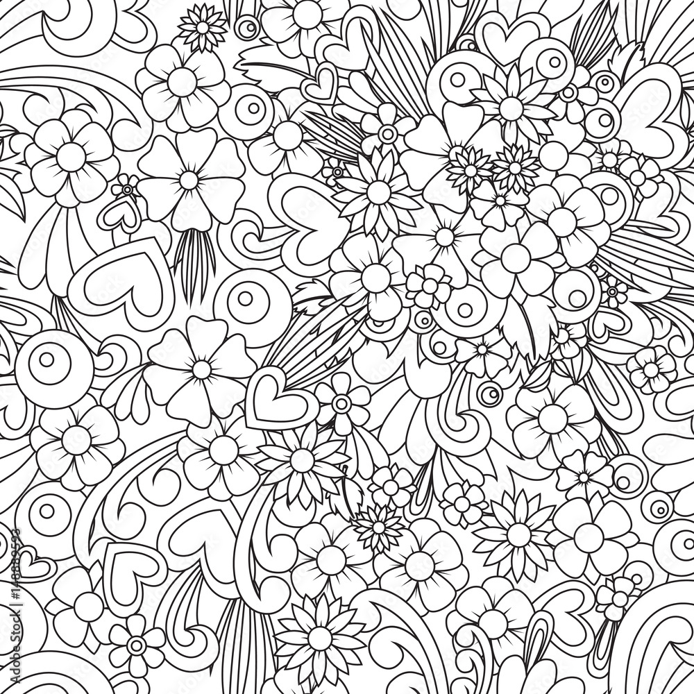 Flower wallpaper. Zentangle art. Seamless pattern background. Vector zen  tangle with blossom and heart. Stock Vector | Adobe Stock, image size:1000x1000
