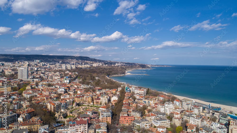 Beautiful cityscape over Varna city, Bulgaria. Panoramic aerial view. - obrazy, fototapety, plakaty 