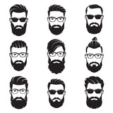 Fototapeta  - Set of vector bearded men faces hipsters
