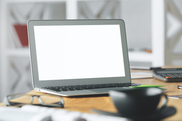 Poster - Workplace with blank white laptop