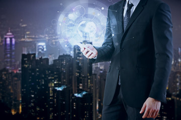 Poster - Man using smartphone with business chart