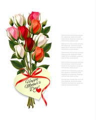 Fototapete - Red roses with a heart-shaped Happy Mother's Day note and red ribbon. Vector.
