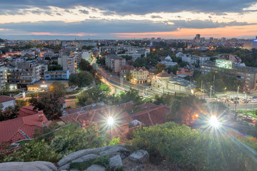 PLOVDIV, BULGARIA - SEPTEMBER 2 2016:  Sunset view of city of Plovdiv from Nebet tepe hill, Bulgaria