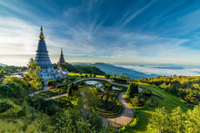 Landmark Pagoda In Doi Inthanon National Park In Sunset Time At Chiang Mai Of Thailand.