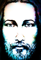 Wall Mural - Graphic art design, face of Jesus Christ, computer collage version. Eye contact. Spiritual concept.