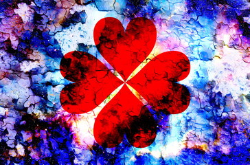Poster - four-leaf clover from heart and color cosmic abstract background and crackle effect.