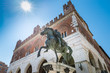 Piacenza, medieval town, Italy. Piazza Cavalli (Square horses), equestrian monument at Ranuccio I Farnese (XVII century), in the background the palazzo Gotico (Gothic palace) in the city center  