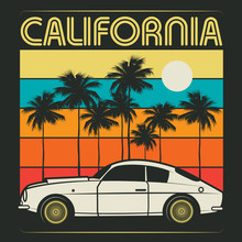 Retro Illustration Of Old Classic Car Text California