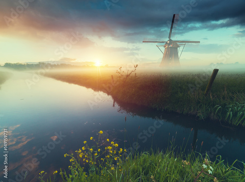 Foto Landscape with tulips, traditional dutch windmills and houses near the canal in Zaanse Schans, Netherlands, Europe