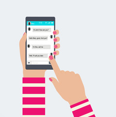Poster - Hands holds mobile phone with messaging in app. Social network concept, communicating each with other.