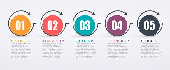 Infographic design template with 5 step structure and arrows. Business success concept, pie chart lines.