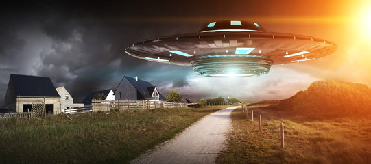 Poster - UFO invasion on planet earth landascape 3D rendering