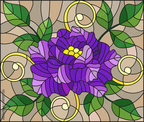 ilustracja-w-stylu-witrazu-z-streszczenie-fioletowy-kwiat-paki-i-liscie-rozy