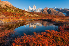 The Autumn Reflection Of The Monte Fitz Roy (Cerro Chalte) - The Peak Located In Patagonia In The Border Area Between Argentina And Chile, The View From The Trail In The National Park Of Los Glaciares