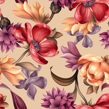 Seamless Floral Pattern, Wild Red Purple Flowers, Botanical Illustration, Colorful Background, Textile Design