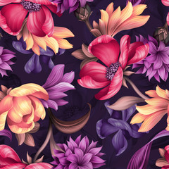 seamless floral pattern, wild red purple flowers, botanical illustration, colorful background, textile design