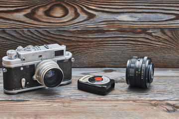 Vintage old retro 35mm rangefinder camera and light meter