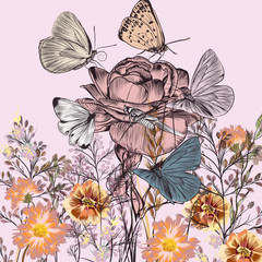 Fototapete - Botanical background with roses, field flowers and butterflies
