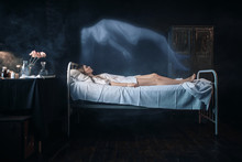 Ill Woman Lying In Hospital Bed, Soul Leaves Body