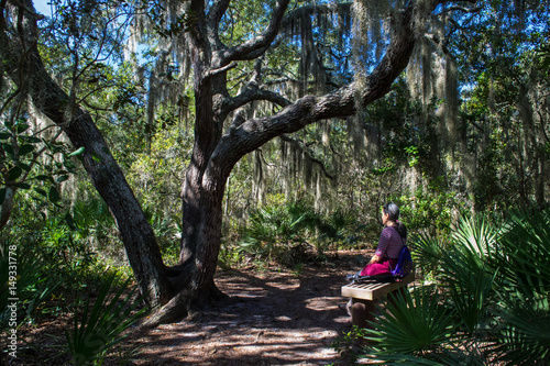 Woman With Pony Tail Sitting On A Hiking Trail Bench In A Southern