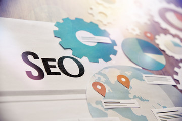 SEO. Concept for website and mobile website development and optimization, app development, responsive design optimization, social media and network.