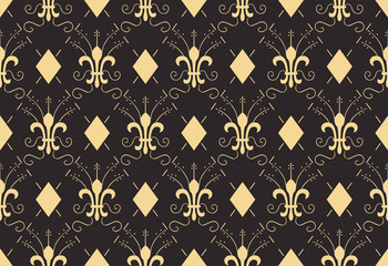 Seamless antique palette black and gold vintage French royal Fleur de lis diamond pattern vector