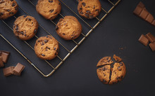 Chocolate Chip Cookies Over Dark Background