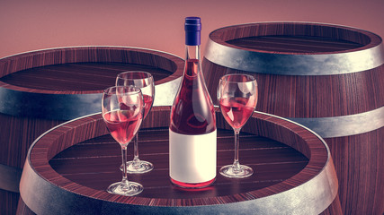 Wall Mural - Wine bottle and wine glass on wodden barrel.